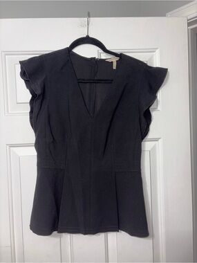 Rebecca Taylor Black V-Neck Flutter Sleeve Peplum Top